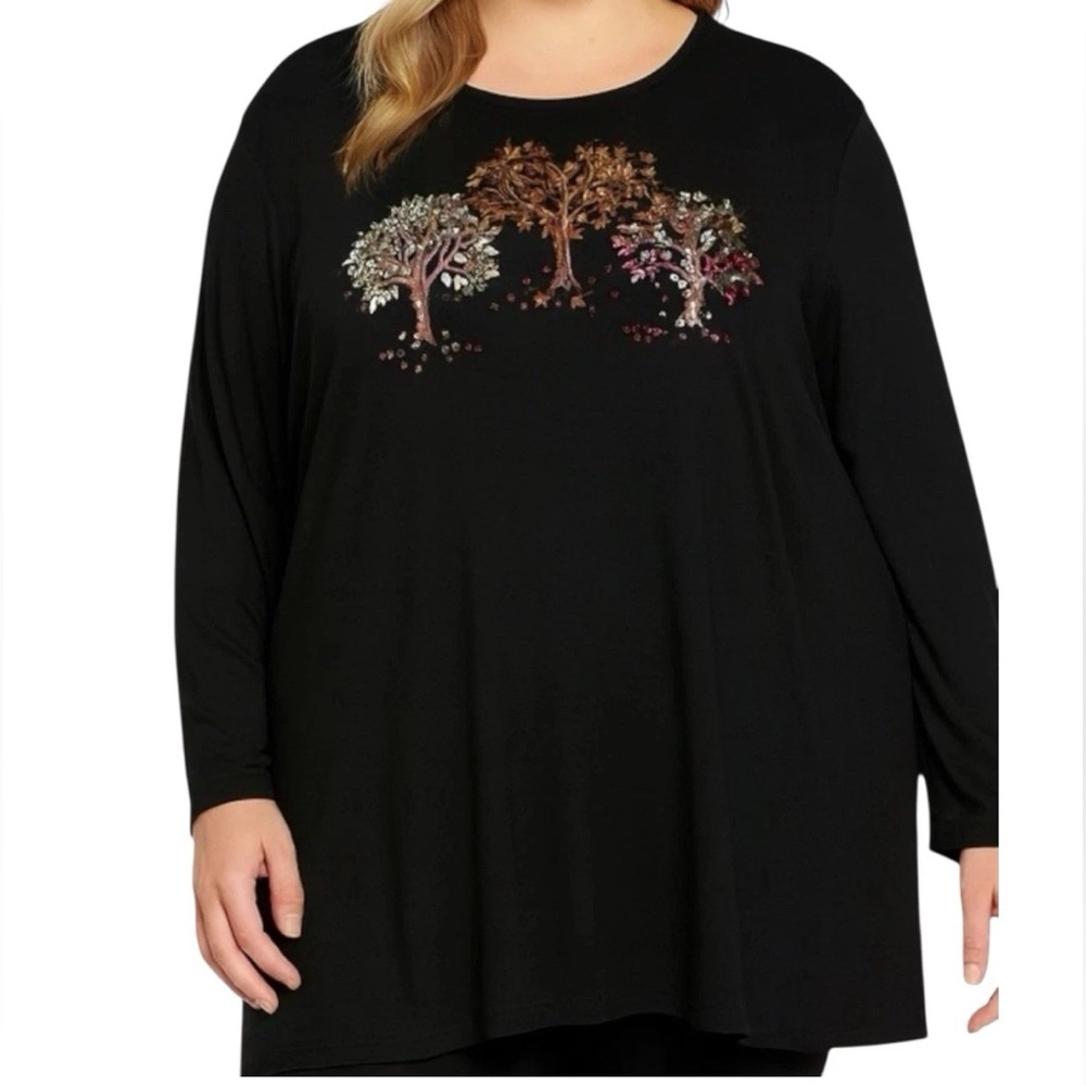 Quaker Factory Plus Women's Fall Top 5X Sequin Bling Black Cotton Blend SOFT NWT